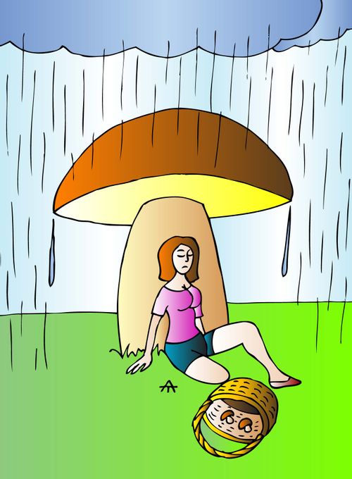 A woman collecting mushrooms rests under a mushroom.