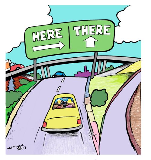 Road signs read 'Here' and 'There'.