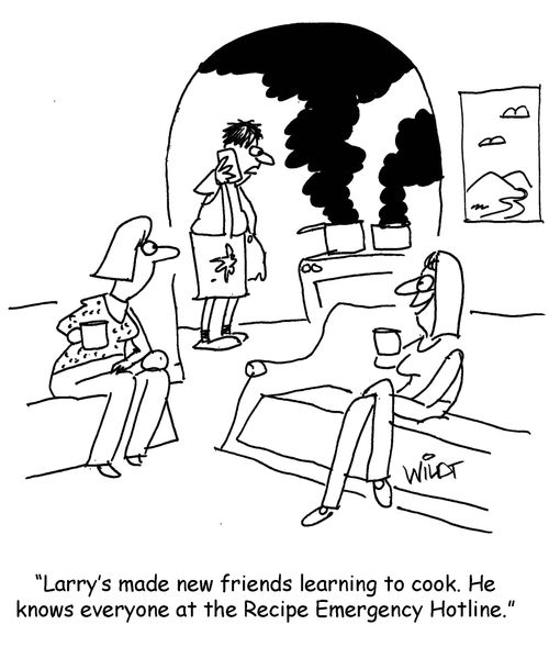 "Larry's made new friends learning to cook. He knows everyone at the Recipe Emergency Hotline."