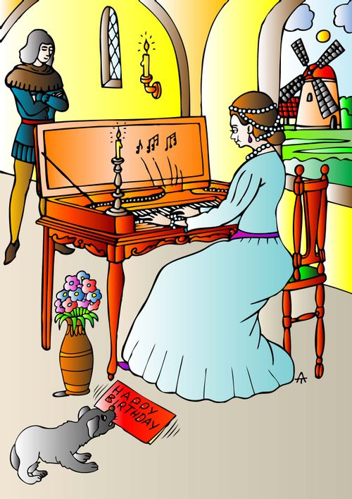 A dog gives a woman a birthday card while she plays a harpsichord.