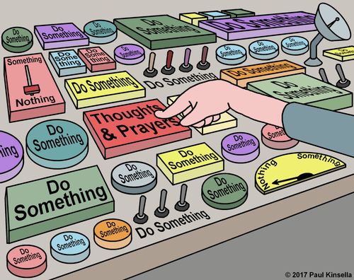 A person offers thoughts and prayers instead of doing something.