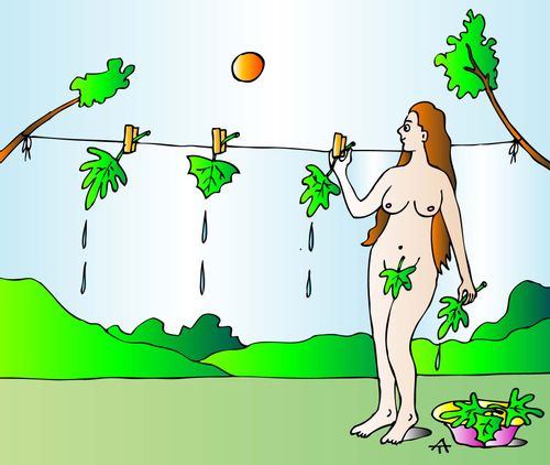 Eve puts her fig leaves on a washing line.