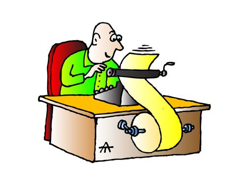 A writer types onto a long sheet of paper.