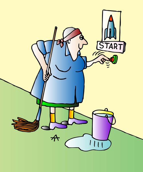 A cleaning lady presses the launch button on a rocket.