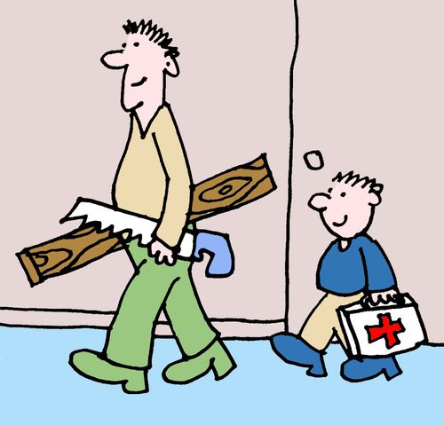A dad does some repairing in the house while his son follows with a first aid kit.