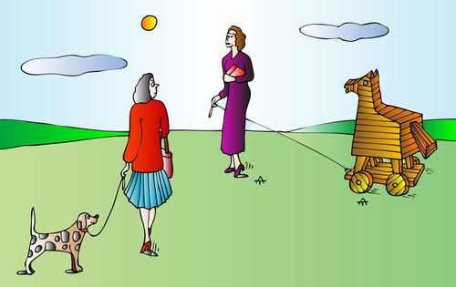 Woman Walking a Trojan Horse