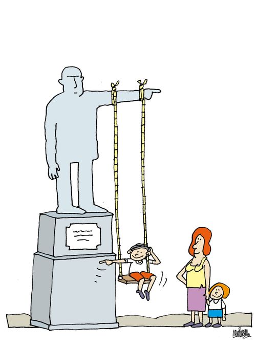 Kid uses historical monument as a swing.