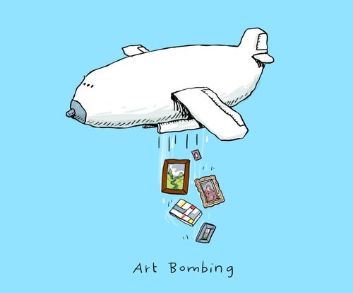 A bomber dropping paintings "Art Bombing"