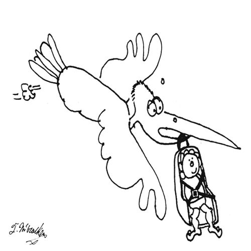 A stork carries a baby in car seat.