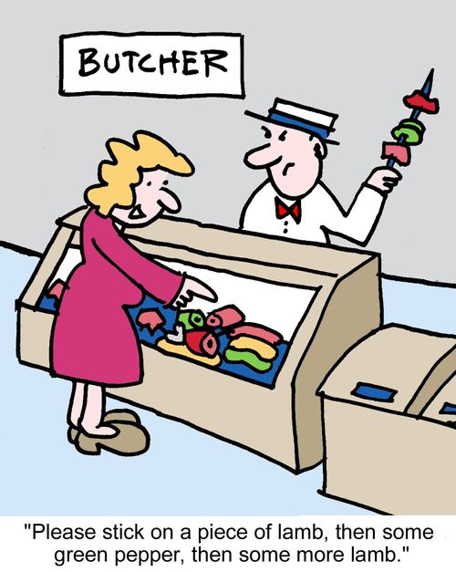 "Please stick on a piece of lamb, then some green pepper, then some more lamb."