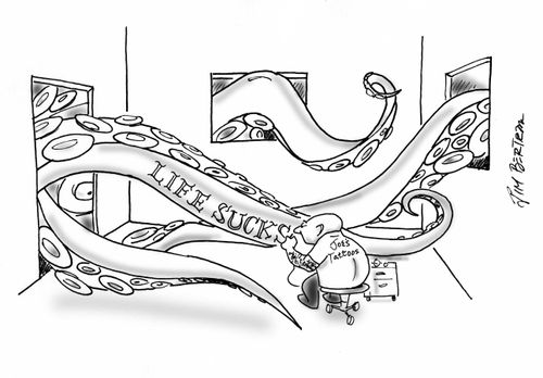A giant squid gets "Life Sucks" tattooed on its tentacles.