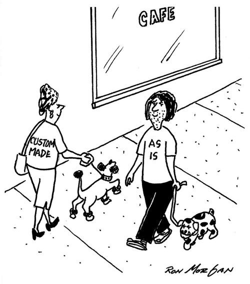 People wear t-shirts stating Custom Made or As Is on the street.