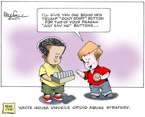"I'll give you one brand new Trump 'Don't start' button for two of your Reagan 'Just say no' buttons..."
