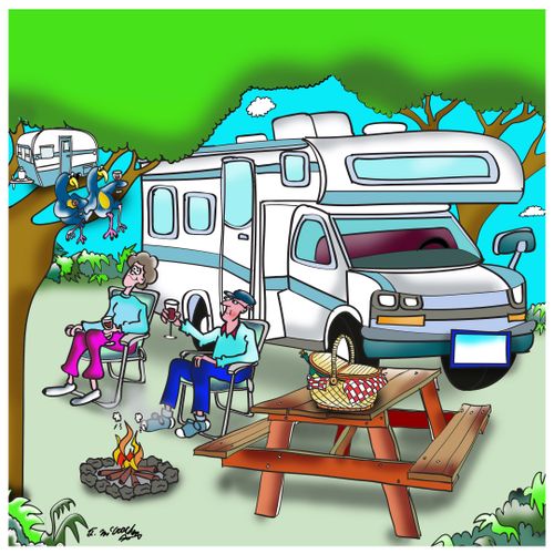 A couple sit in front of their RV drinking wine while looking at birds sitting in front of a a small RV in a tree also drink wine.