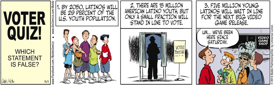 Voter Quiz! Which statement is false? 1. By 2050, Latinos will be 29 percent of the US youth population. 2. There are 15 million American Latino youth, but only a small fraction will stand in line to vote. 3. Five million Latinos will wait in line for the