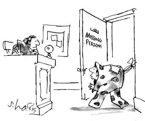 Missing Persons office - half of pantomime horse enters.