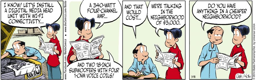"I know! Let's install a digital media head unit with wi-fi connectivity...a 340-watt four-channel amp...and two 18-inch subwoofers with four 1-OHM voice coils!"