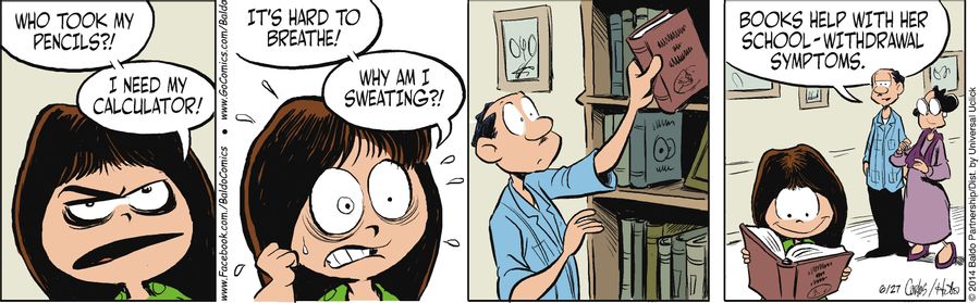 "Books help her with her school-withdrawal symptoms."
