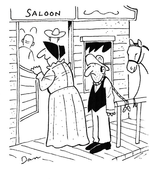 Woman ties her husband up with the horses outside a saloon.