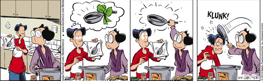 Baldo suggests getting a frying pan for his tia and she hits him in the head with it.