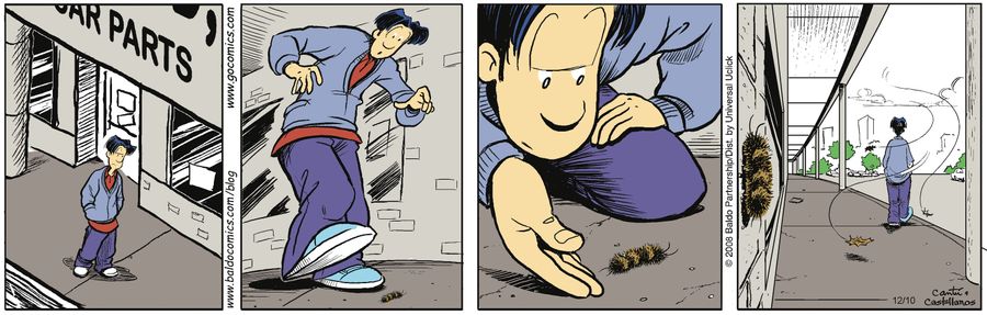 Baldo considers squishing a caterpillar and then changes his mind."