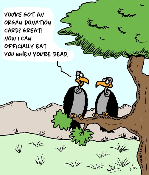 "You've got an organ donation card? Great! Now I can officially eat you when you're dead."
