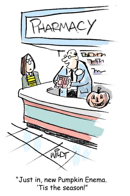 "Just in, new Pumpkin Enema. 'Tis the season!"