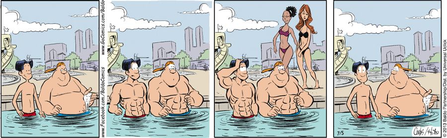 Baldo and Cruz try to look good as women in bikinis walk by."