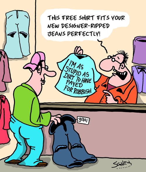 "This free shirt fits your new designer-ripped jeans perfectly!"