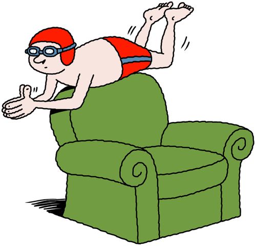 A swimmer doing the breast stroke on an armchair.