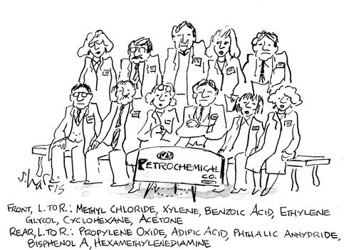 Front, L. to R.: Methyl chloride, Xylene, Benzoic acid, ...Hekamethylenediamine'
