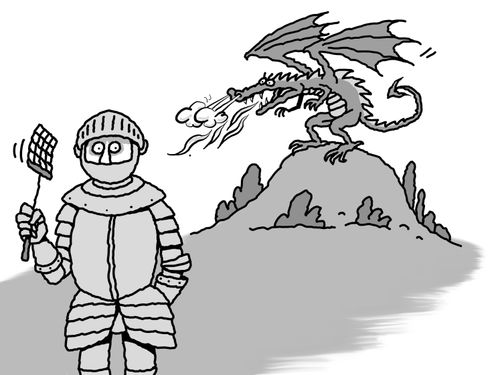 A knight sent to kill a dragon armed with a fly swatter