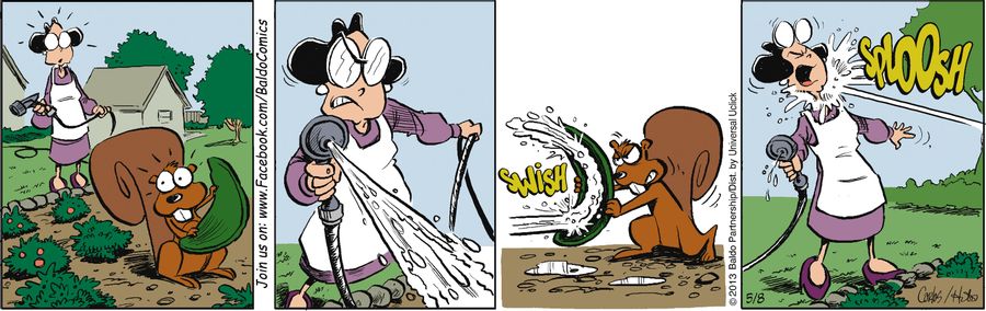 Tia Carmen tries to frighten a squirrel by spraying it with a hose, but it shoots the water back at her."