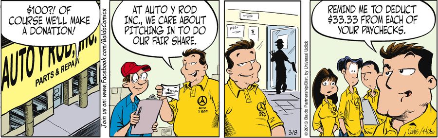 "$100?! Of course we'll make a donation! At Auto y Rod Inc., we care about pitching in to do our fair share."