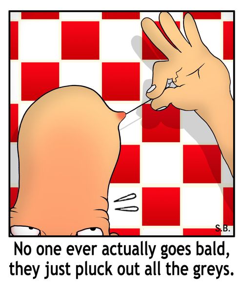 No one every actually goes bald, they just pluck out all the greys.