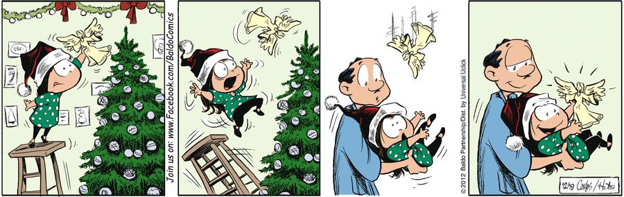Gracie tries to put an angel tree-topper on but falls off and Papi catches her.