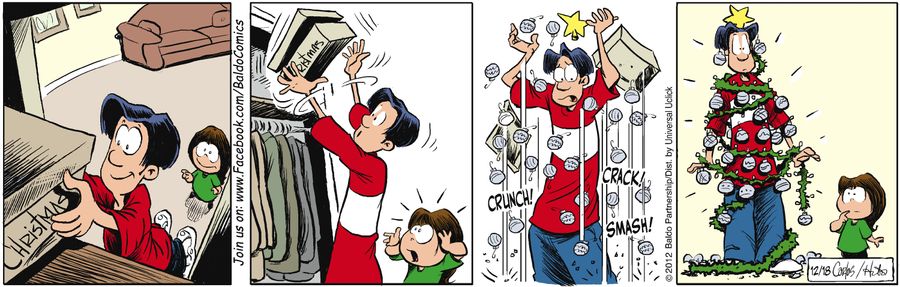 Baldo goes to get the Christmas decorations out and winds up decorated like a Christmas tree.