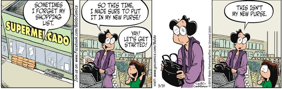 "Sometimes I forget my shopping list. So this time, I made sure to put it in my new purse!"