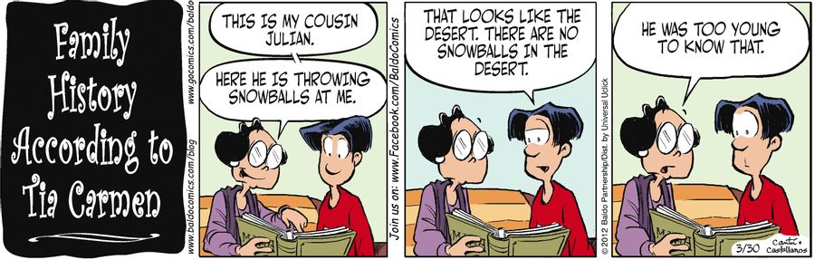 "This is my cousin Julian. Here he is throwing snowballs at me."