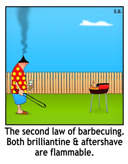 The second law of barbecuing. Both brilliantine & aftershave are flammable.