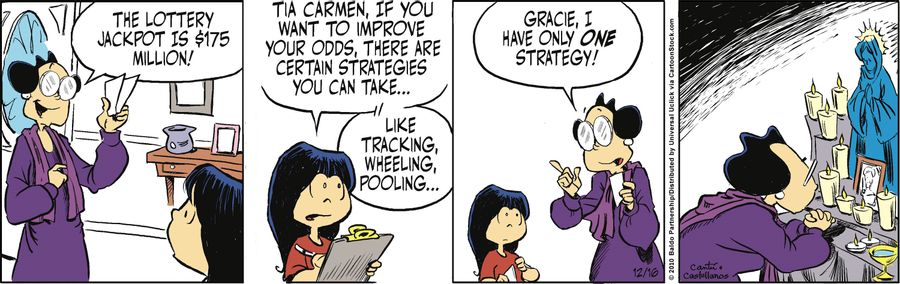 "Tia Carmen, if you want to improve your odds, there are certain strategies you can take. Like tracking, wheeling, pooling...."