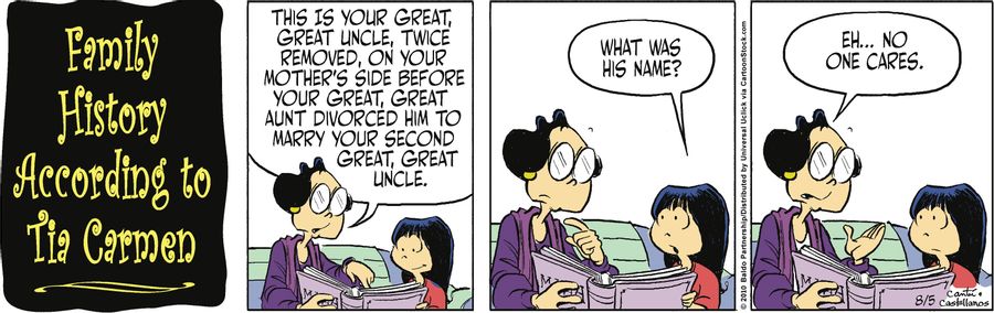 "This is your great, great uncle, twice removed, on your mother's side before your great, great aunt divorced him to marry your second great, great uncle."