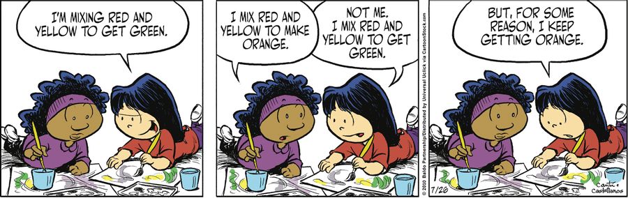 "I'm mixing red and yellow to get green."
