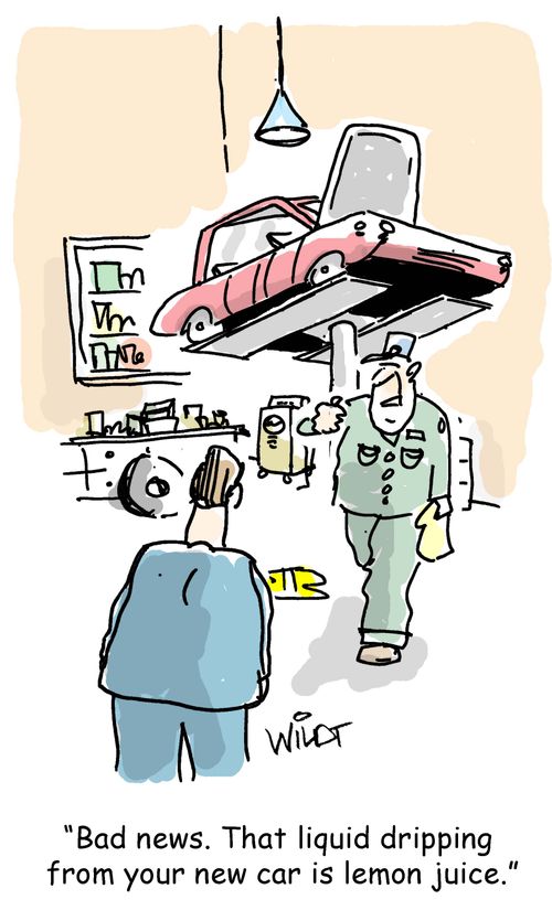 "Bad news. That liquid dripping  from your new car is lemon juice."