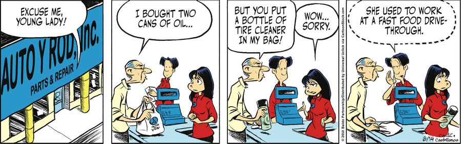 "Excuse me, young lady! I bought these two cans of oil...but you put a bottle of tire cleaner in my bag!"