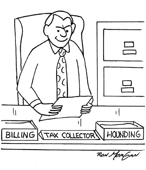 Tax man has in/out desk boxes labeled, Billing and Hounding.