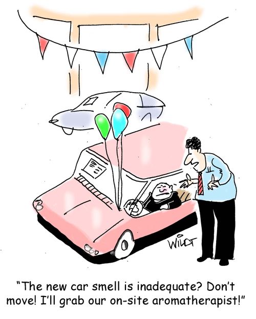 "The new car smell is inadequate? Don't move! I'll grab our on-site aromatherapist!"