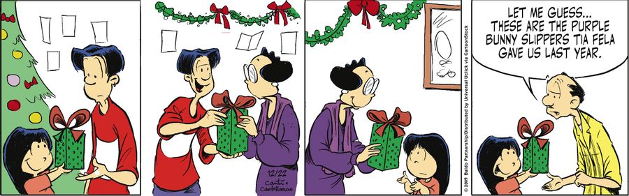 "Let me guess...these are the purple bunny slippers Tia Fela gave us last year."