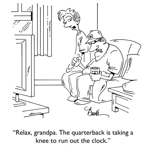"Relax, grandpa. The quarterback is taking a knee to run out the clock."