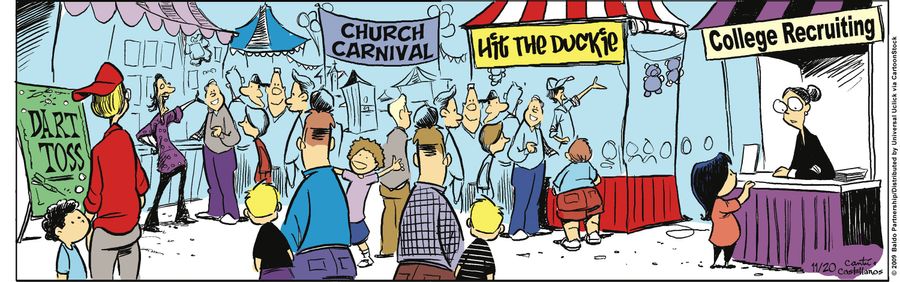 Gracie goes over to the college recruitment tent at a carnival.